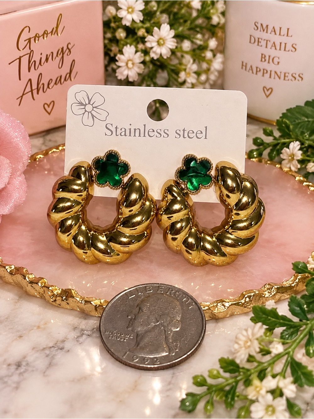 Gold Tone Green Clover Twisted Hoop Earrings Stainless Steel Statement Jewelry